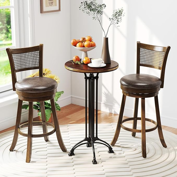 COSTWAY 30” Swivel Bar Height Barstool Set of 2, Rubber Wood Bar Stools with Rattan Backrest, Footrest, Upholstered Leathaire Armless Chairs for Kitchen Island, Pub, Brown (4, 30” Seat Height)