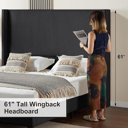HOWE King Size 61" Corduroy Upholstered Bed Frame, Platform Bed with Vertical Stripe Wingback Headboard, No Box Spring Needed/Noise Free/Solid Wood Slats & Legs/Black