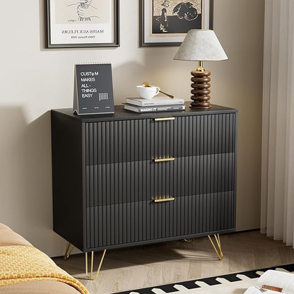 Black Dresser for Bedroom, Fluted Modern Dresser with Gold Pulls and 3 Drawers, 15.7" D x 31.5" W x 29.5" H