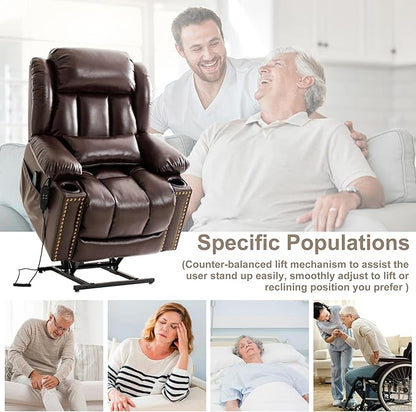 Dual Motor Large Power Lift Recliner Chair for Elderly with Heat and Massage,Lay Flat Lift Chairs Recliners for Seniors Infinite Position,USB Ports&Remote, Leather (Brown, Large)