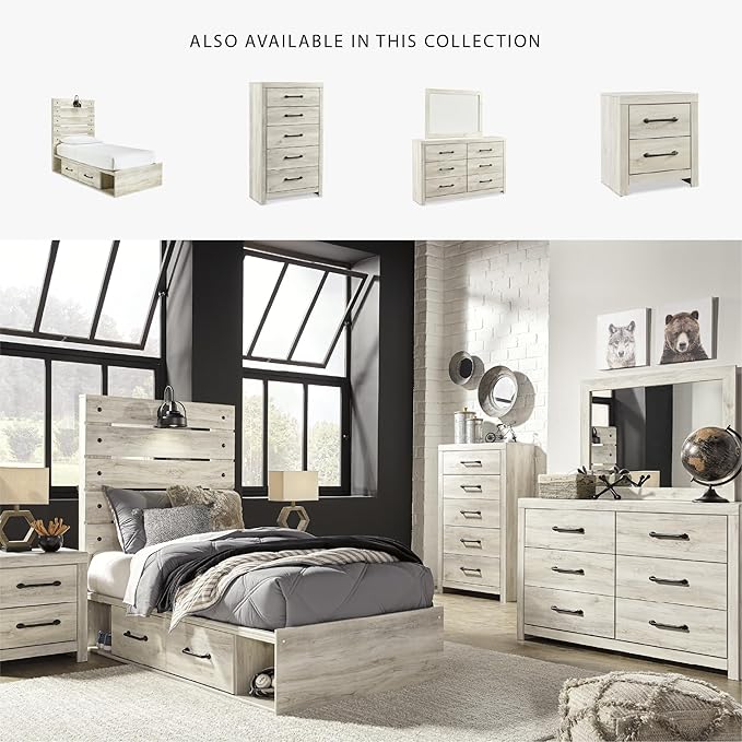 Signature Design by Ashley Cambeck Farmhouse Twin Panel Platform Bed with 4 Storage Drawers, Cubbies, Sconce Light and USB Ports, Foundation or Box Spring Not Needed, Whitewash