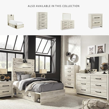 Signature Design by Ashley Cambeck Farmhouse Twin Panel Platform Bed with 4 Storage Drawers, Cubbies, Sconce Light and USB Ports, Foundation or Box Spring Not Needed, Whitewash