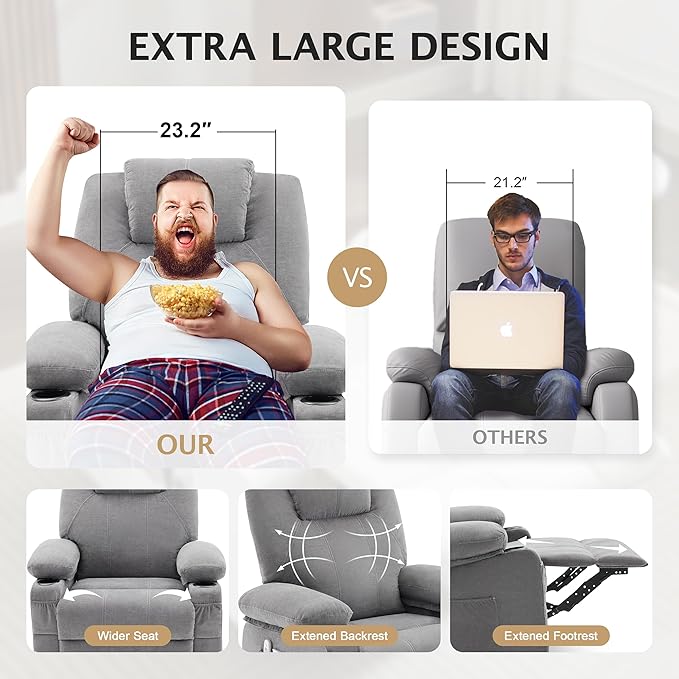 Oversized Swivel Rocker Recliner Sofa Chair with Heat and Massage, Large Big Recliner for Living Room, 360 Degree Swivel Rocking Single Sofa with Cup Holders and USB Port(Fabric, Cloud Grey)
