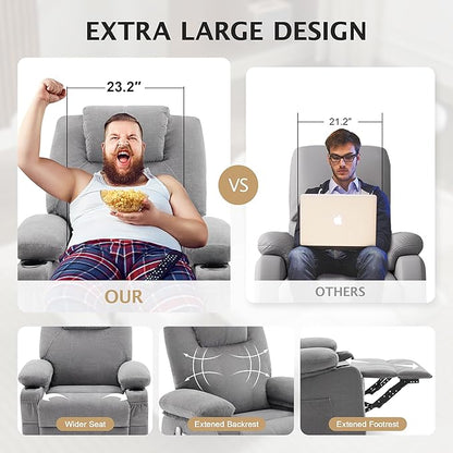 Oversized Swivel Rocker Recliner Sofa Chair with Heat and Massage, Large Big Recliner for Living Room, 360 Degree Swivel Rocking Single Sofa with Cup Holders and USB Port(Fabric, Cloud Grey)