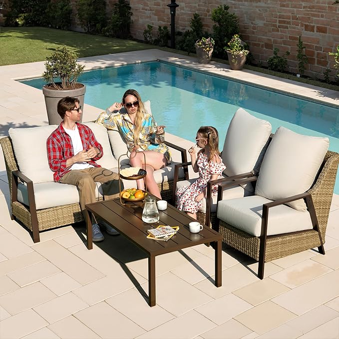 Outdoor Patio Furniture - 2 Pcs Armchair, All-Weather Wicker Outdoor Conversation Set with 4.72" Olefin Thick Cushions for Deck, Porch, Balcony, Backyard, Beige