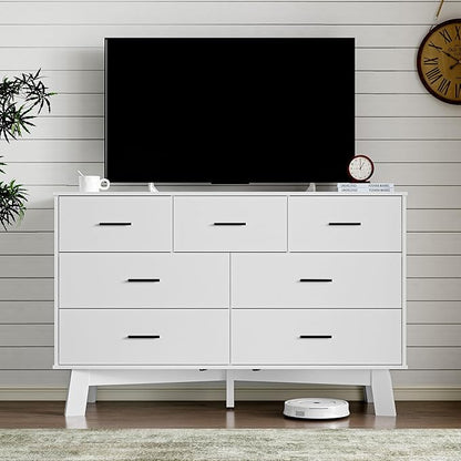 Dresser for Bedroom with 7-Drawer, 47.2" Wide Modern Chest of Drawers with Metal Handles, X-Shape Base & Adjustable Center Leg, Anti-Tip Closet Organizers and Storage