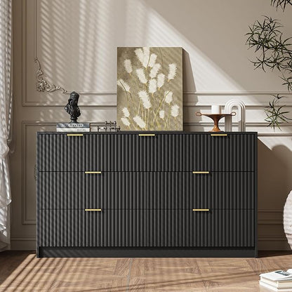 3-Piece Dresser Bedroom Set, 7 Drawer Dresser & 3 Drawer Nightstands with Gold Handles, Fluted Wood Chest of Drawers for Bedroom, Living Room, Entryway, Black