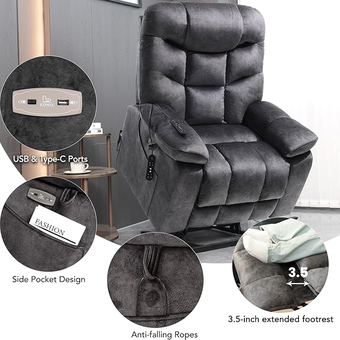 EONIX Oversized Big Man Power Lift Recliner Chair for Elderly with Heat and Massage, 400lbs Dual Motor Lay Flat Electirc Lift Chair with Extended Footrest, SLRY008063, Black
