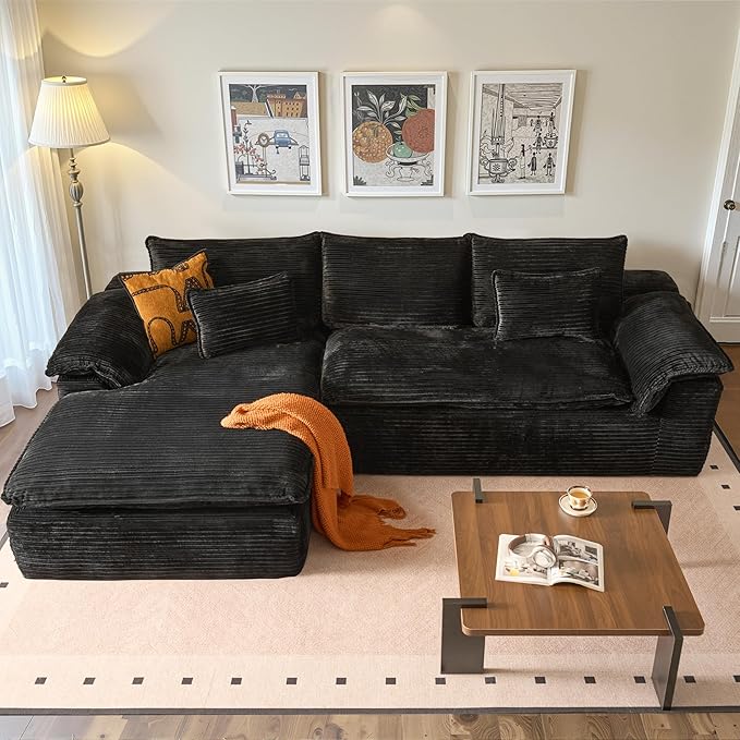 113 in Oversized Cloud Sofa with L Shape Chaise, Sectional Couches for Living Room, Assembly Free Modular Comfy Corduroy Sofa with Left Facing Chaise Longue for Home Apartment (Left Chaise, Black)
