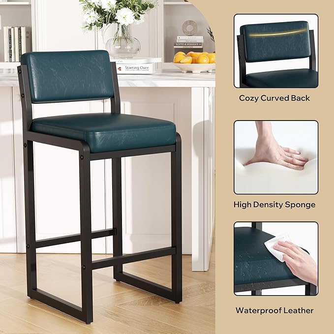 Bar Stools Set of 3, Faux Leather Counter Height Bar Stools with High Back and Metal Legs, Upholstered Bar Chairs, 26" Modern Barstools for Kitchen Island, Dark Blue