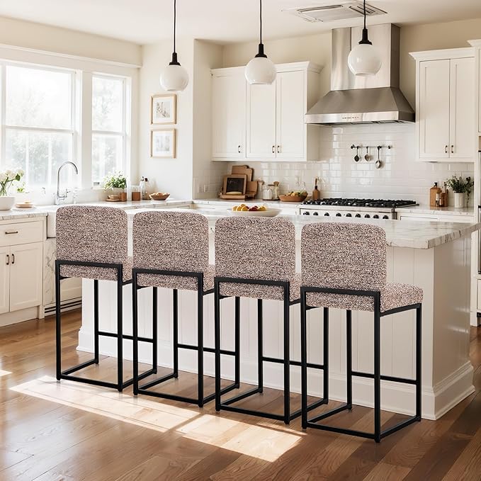 ALPHA HOME 24" Bar Stools Set of 2 Kitchen Counter Stools with Back, Counter Height Stools with Upholstered Footrest for Kitchen Island, Metal Steel Frame, Chenille, Brown