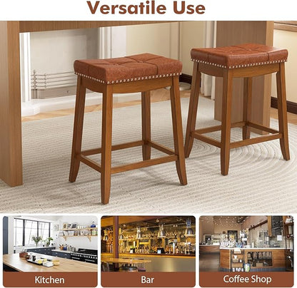 COSTWAY Saddle Bar Stools Set of 4, 25-Inch Counter Height Barstools w/PU Leather Seat, Solid Rubber Wood Frame, Footrest, Mid-Century Backless Counter Stools for Kitchen Island Home Bar