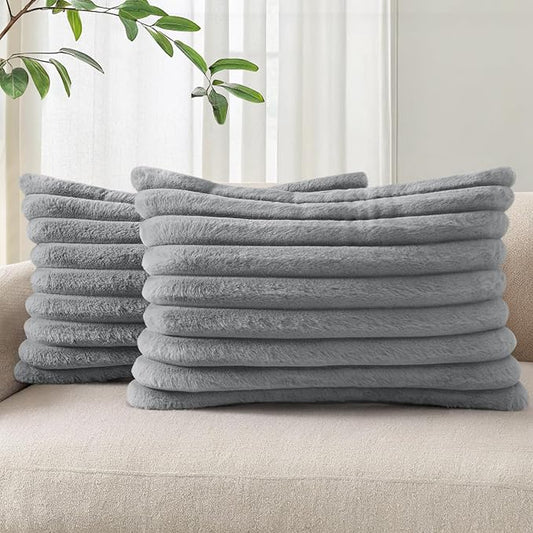 Pallene Faux Fur Plush Lumbar Throw Pillow Covers 12x20 Set of 2, Luxury Soft Fluffy Striped Decorative Pillow Covers for Sofa, Couch, Living Room, Grey