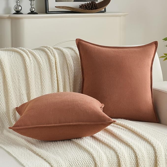 FUTEI Rust Chenille Throw Pillow Covers 12x20 Inch Set of 2,Edges Double-Stitched Lumbar Pillow Cases,Modern Home Decor for Couch Living Room