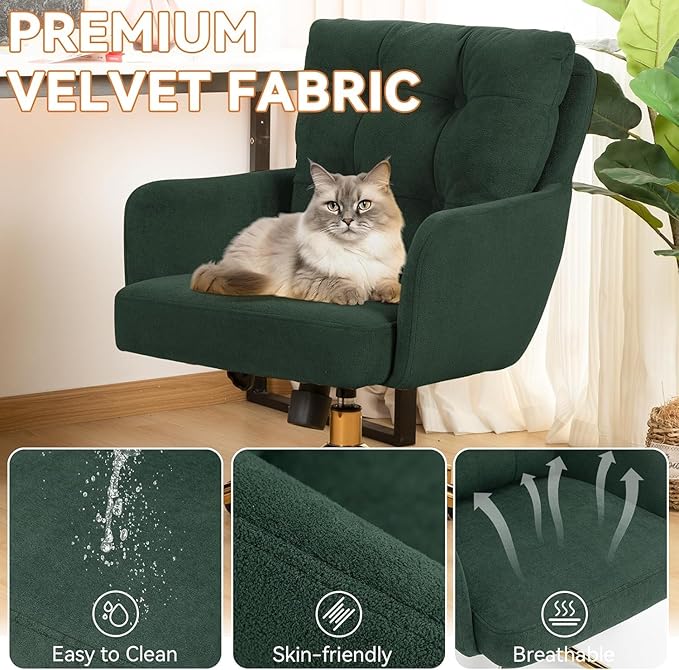 Velvet Office Chair, Comfy Home Office Desk Chairs with Lumbar Support, Modern Velvet Desk Chair Gold Legs Small Swivel Task Chair for Home Office, Bedroom, Study (Green, L)