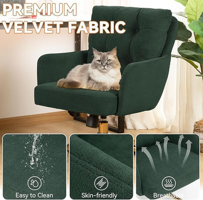 Velvet Office Chair, Comfy Home Office Desk Chairs with Lumbar Support, Modern Velvet Desk Chair Gold Legs Small Swivel Task Chair for Home Office, Bedroom, Study (Green, L)