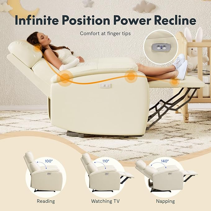 FLEXISPOT X3 Power Recliner Chair, Adjustable Electric Recliner with USB Port, Thick Cushion & Padded Back, Comfortable Faux Leather Chair for Adults, Living Room, Nursery, Home Theater (White)