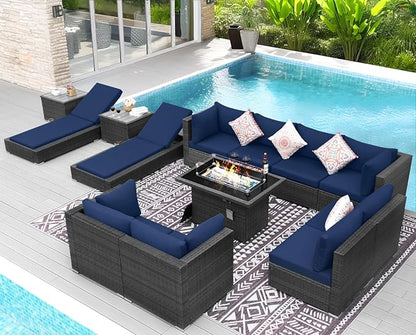 NICESOUL 13 Piece Outside Furniture with Firepit, Extra Large Outdoor Sofa Set with Lounges, Oversized Wicker Patio Sets with Long Fire Pits and Double Chaise, Big 10-Persons Seating Group, Gray&Navy