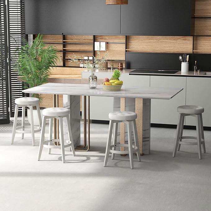 COSTWAY 360° Swivel Bar Stools Set of 2, 26-inch Height Vintage Upholstered Rubberwood Backless Bar Chairs with Footrest, Retro Kitchen Counter Stools for Kitchen Island Dining Room Home Bar, White