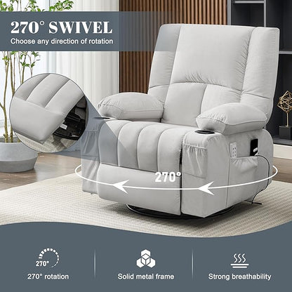 Swivel Rocker Chair with Heat and Massage, 270° Power Recliner Chairs for Adults, USB and Type-C Ports, Oversized Recliner Single Sofa, Electric Glider Chair(LightGrey)