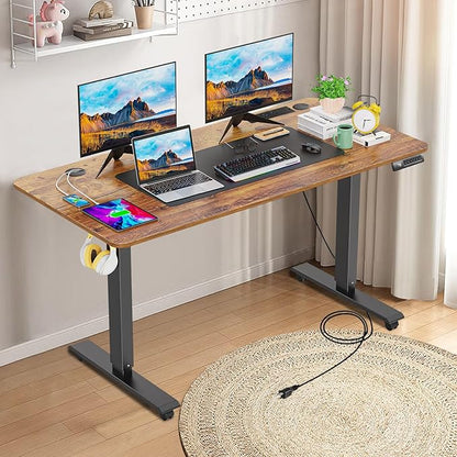 farexon Electric Standing Desk 55 x 24In with Charging Station, Stand up Desk with Oversized Mouse Pad, 2 USB Ports & 3 Power Outlets, 4 Caster, 4 Preset Heights Easy to Set（Brown）