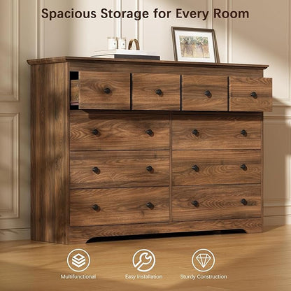 LYNSOM Modern 10 Drawer Dresser, 55.1" Wide Dressers & Chests of Drawers with Large Capacity Storage, Wood Mid Century Storage Dressers Organizer for Bedroom, Entryway, Brown