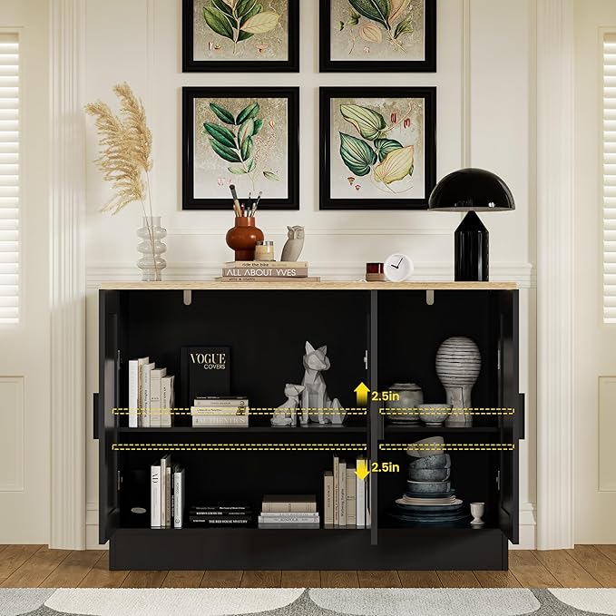 Anystyle 43.3”W Black 3 Door Buffet Cabinet, Coffee Bar with Adjustable Shelf, Kitchen Sideboard for Living Room, Kitchen