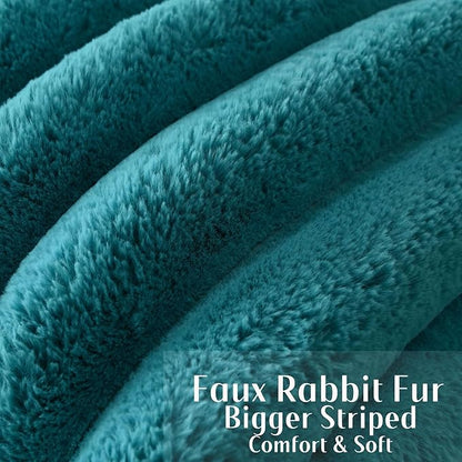 FUTEI Teal Decorative Throw Pillow Covers 24x24 Inch Set of 2, Square Soft Faux Rabbit Fur Thick Striped European Cushion Covers,Winter Home Decor for Couch Bed Living Room