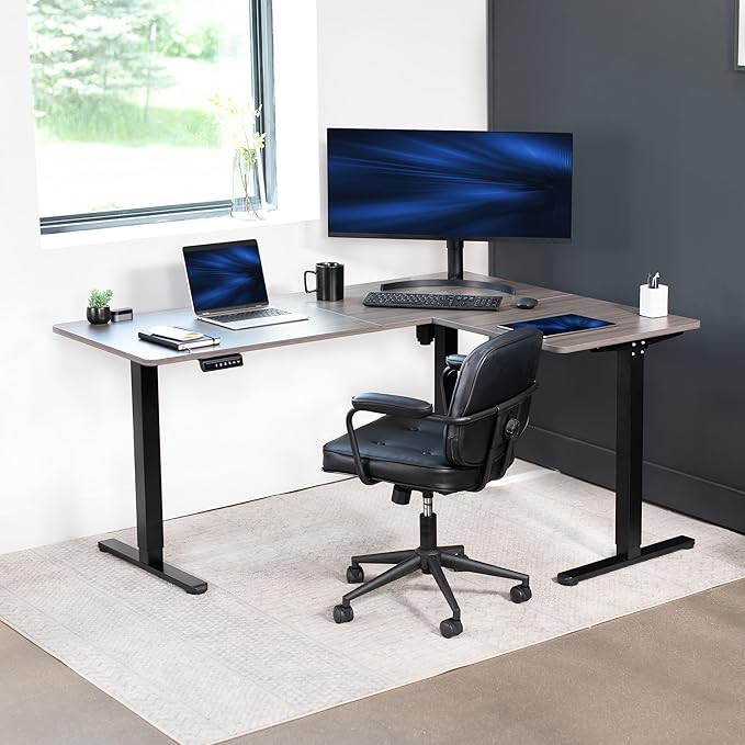 VIVO Corner Standing Desk, 63 x 47 inch Reversible L-Shaped Workstation, Electric Height Adjustment, Home, Office, and Reception Rooms, Dark Gray Table Top Black Frame, DESK-E3CTG-47