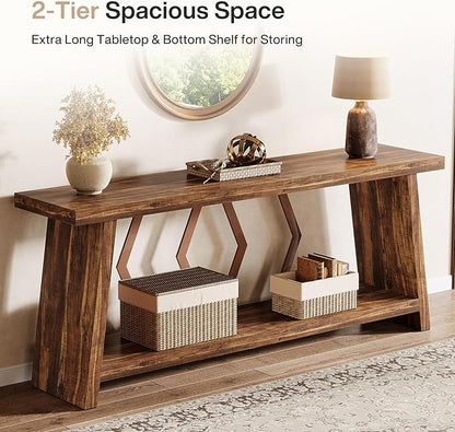 Tribesigns 70.86-Inch Extra Long Console Table for Living Room, 2-Tier Sofa Table Behind Couch with Storage, Wooden Console for Entryway Hallway, Brown