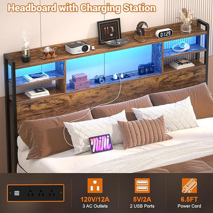 Aheaplus Headboard for Queen Size Bed with Storage, Headboards with LED Light, Power Outlets, USB Ports Queen Size Head Board, Wood headboard Only Sturdy and Stable Headboards, Modern, Rustic Brown