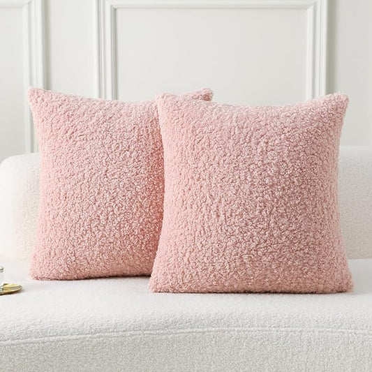 FUTEI Pink Throw Pillow Covers 18x18 Inch Set of 2,Furry Faux Fur Teddy Boucle Textured Cushion Covers,Soft Fluffy Decorative Pillow Case,Home Decor for Couch Bed Living Room Office Car