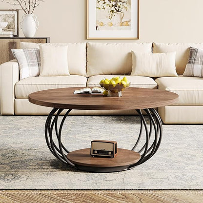 Tribesigns Round Coffee Table for Living Room, 39.4" Industrial Wooden 2-Tier Circle Accent Center Cocktail Table with Storage Shelf and Metal Frame, Rustic Brown & Black