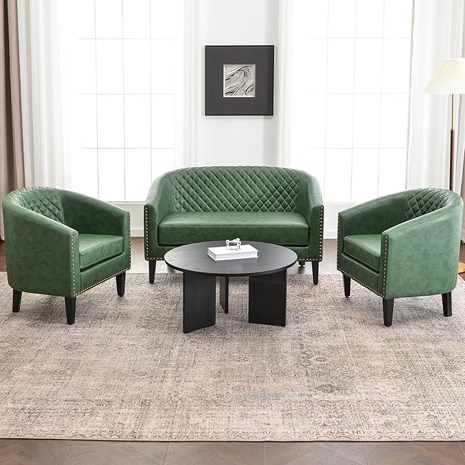 KINWELL 29" W Faux Leather Barrel Chairs Set of 2, Modern PU Upholstered Tufted Club Chairs with Nailhead Trim, Small Armchairs Accent Chairs for Living Room Bedroom Apartment Lounge Nursery, Green