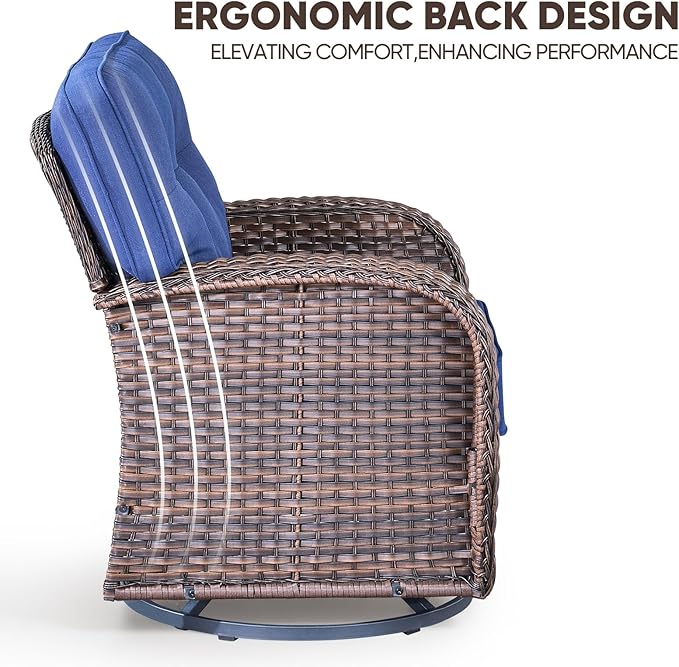 4-piece rotating balcony chair set with 31-inch T-shaped wide backrest - rattan outdoor rotating balcony chairs, wide backrest comfortable outdoor sliding chair - Brown Rattan | Blue Cushions
