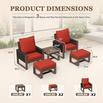 5 Piece Patio Bistro Chair Set with Ottoman, Wooden Outdoor Patio Furniture Set, Patio Wicker Chairs with Coffee Tables for Balcony Deck Backyard