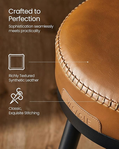 VASAGLE EKHO Collection - Bar Stools Set of 2, Swivel Bar Height Bar Stools with Back, Synthetic Leather with Stitching, Mid-Century Modern, 30-Inch Tall Barstools for Kitchen Home Bar, Caramel Brown