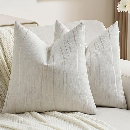 FUTEI Cream Chenille Decorative Throw Pillow Covers 24x24 Inch Set of 2,Soft Embossed Striped Textured European Cushion Case,Modern Home Decor for Couch Bed Living Room