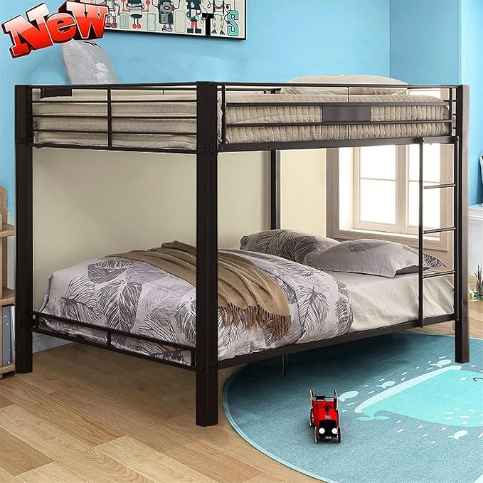 Upgraded Version Thicken Metal Full XL Over Queen Bunk Bed, Stronger Heavy Duty Steel Bunk Bed Full Over Queen Size, Best Bunkbed Frame for Adults, Easy Assembly, Black (Queen)