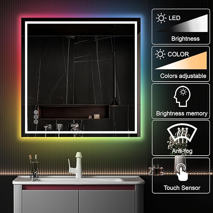 Awoco LED Bathroom Mirror, 36" x 36" Vanity Mirror with 8 Colors RGB Backlit and 3 Colors Front Light, Dimmable Anti-Fog Lighted Mirror, Memory Function, for Bathroom Wall