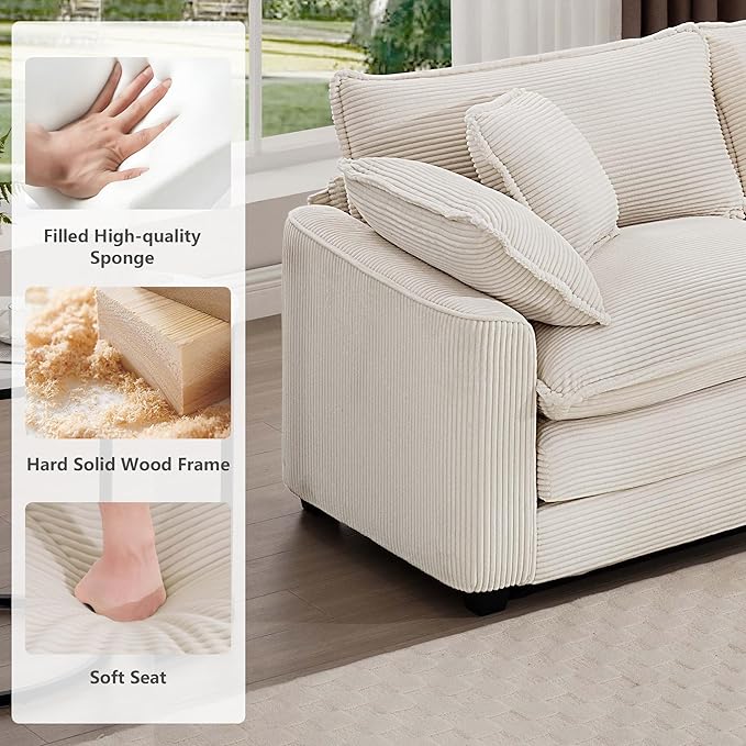 mikibama Luxury 3 Piece Sofa Set, 3-Seater & 2 Loveseat Couch Set, Modern Corduroy Comfy Cloud Couches Set for Living Room Office with 6 Armrest Pillows and 7 Toss Pillows, Beige