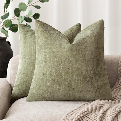Foindtower Pack of 2 Soft Textured Chenille Throw Decorative Pillow Covers Square Accent Solid Cushion Cover Cozy Neutral Farmhouse Pillow Case for Couch Sofa Bedroom Living Room 24x24 Inch,Sage Green