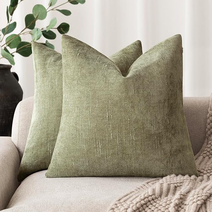Foindtower Pack of 2 Soft Textured Chenille Throw Decorative Pillow Covers Square Accent Solid Cushion Cover Cozy Neutral Farmhouse Pillow Case for Couch Sofa Bedroom Living Room 16x16 Inch,Sage Green