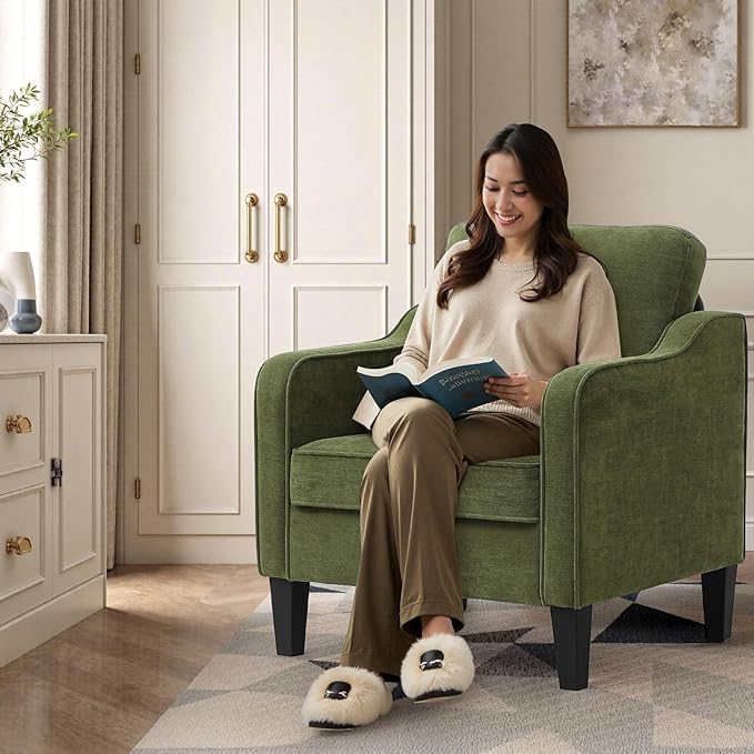 Accent Chair for Living Room, Mid Century Modern Reading Chair for Bedroom, Upholstered Armchair with Side Pockets, Comfy Single Sofa Side Chair for Office, Apartment, Small Room, Olive Green