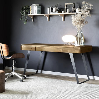 SIMPLIHOME Lowry Desk - 54-Inch Wide Solid Acacia Wood and Metal Writing Desk in Distressed Golden Wheat, Modern Industrial Home Office Computer Table with 2 Drawers and Flip-Down Keyboard Tray