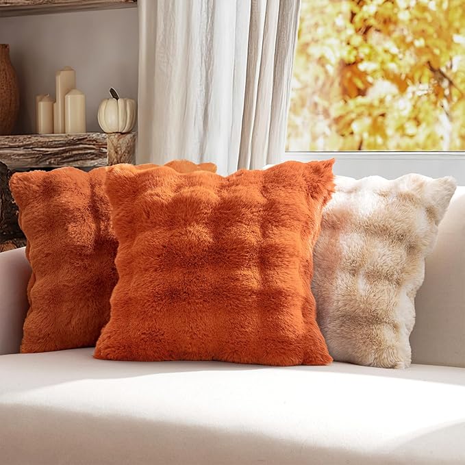 MIULEE Faux Fur Pillow Covers Thick Soft Plush Throw Pillows Luxury Home Decor for Fall Couch Bed Bedroom Living Room Sofa,18x18 Inch Pack of 2 Burnt Orange
