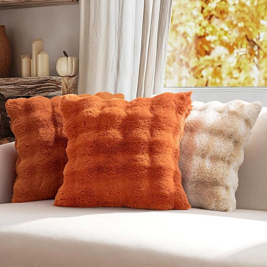 MIULEE Faux Fur Pillow Covers Thick Soft Plush Throw Pillows Luxury Home Decor for Fall Couch Bed Bedroom Living Room Sofa,18x18 Inch Pack of 2 Burnt Orange