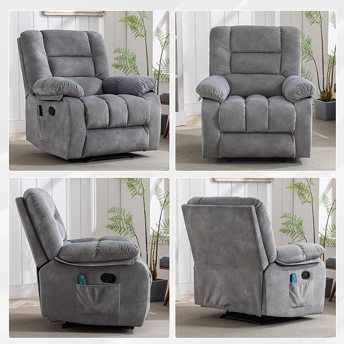 ANJHOME Massage Recliner Chairs with Heat and Vibration,Overstuffed Manual Rocking Reclining Chair for Living Room Bedroom (Light Grey)