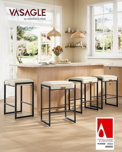 VASAGLE EKHO Collection - Bar Stools Set of 4, Counter Height Bar Stools, Synthetic Leather with Stitching, Mid-Century Modern Counter Stools, 26-Inch Tall, Kichen Home Bar Dining Room, Cream White