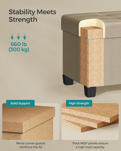 SONGMICS Storage Ottoman Bench, Foldable Foot Rest with Legs, 15 x 43 x 15.7 Inches, End of Bed Bench, Storage Chest, Load up to 660 lb, for Living Room, Bedroom, Entryway, Camel Brown ULSF018K01